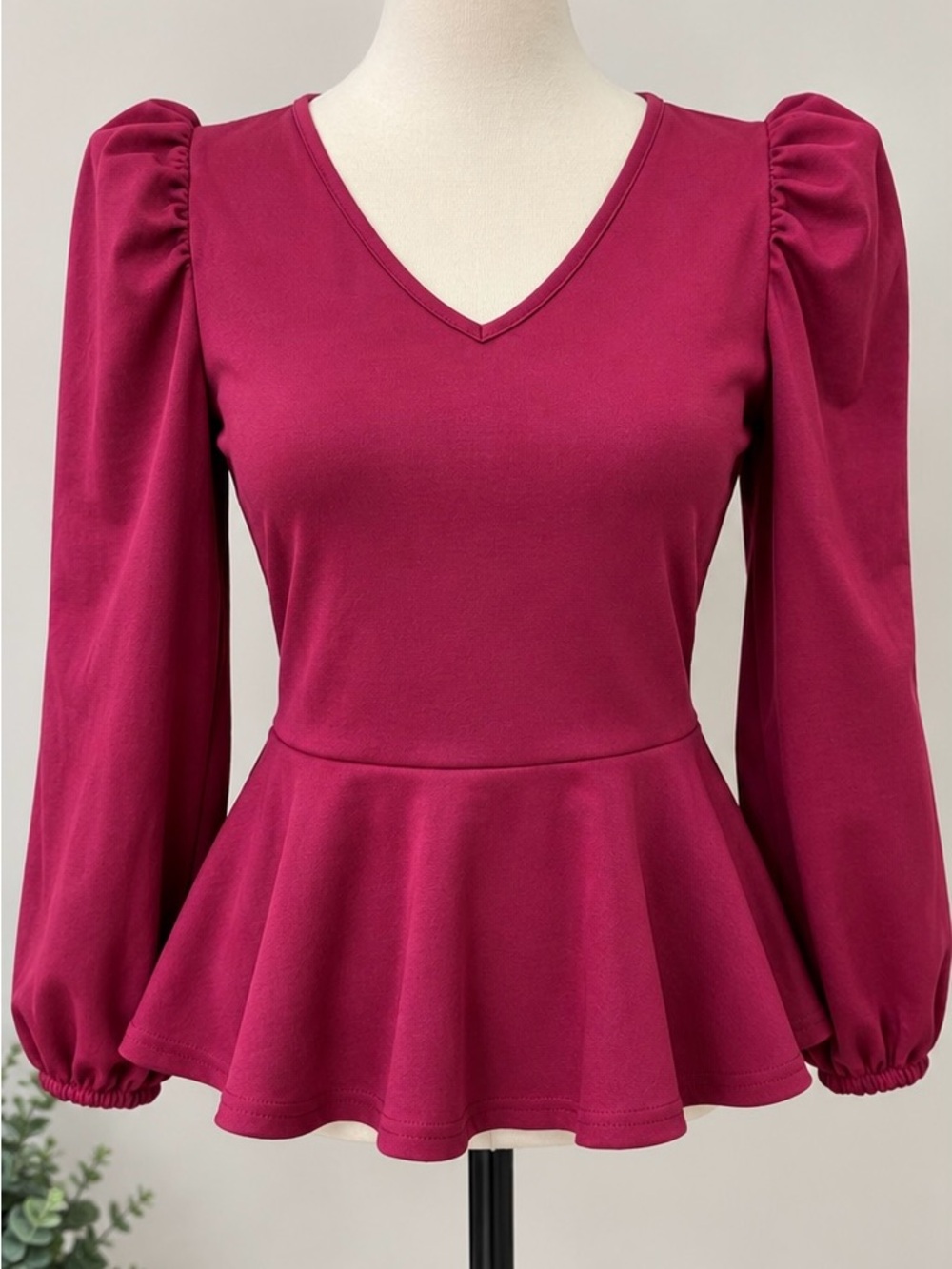 Ashley Stewart Berry V-Neck Peplum Top with Puff Sleeves